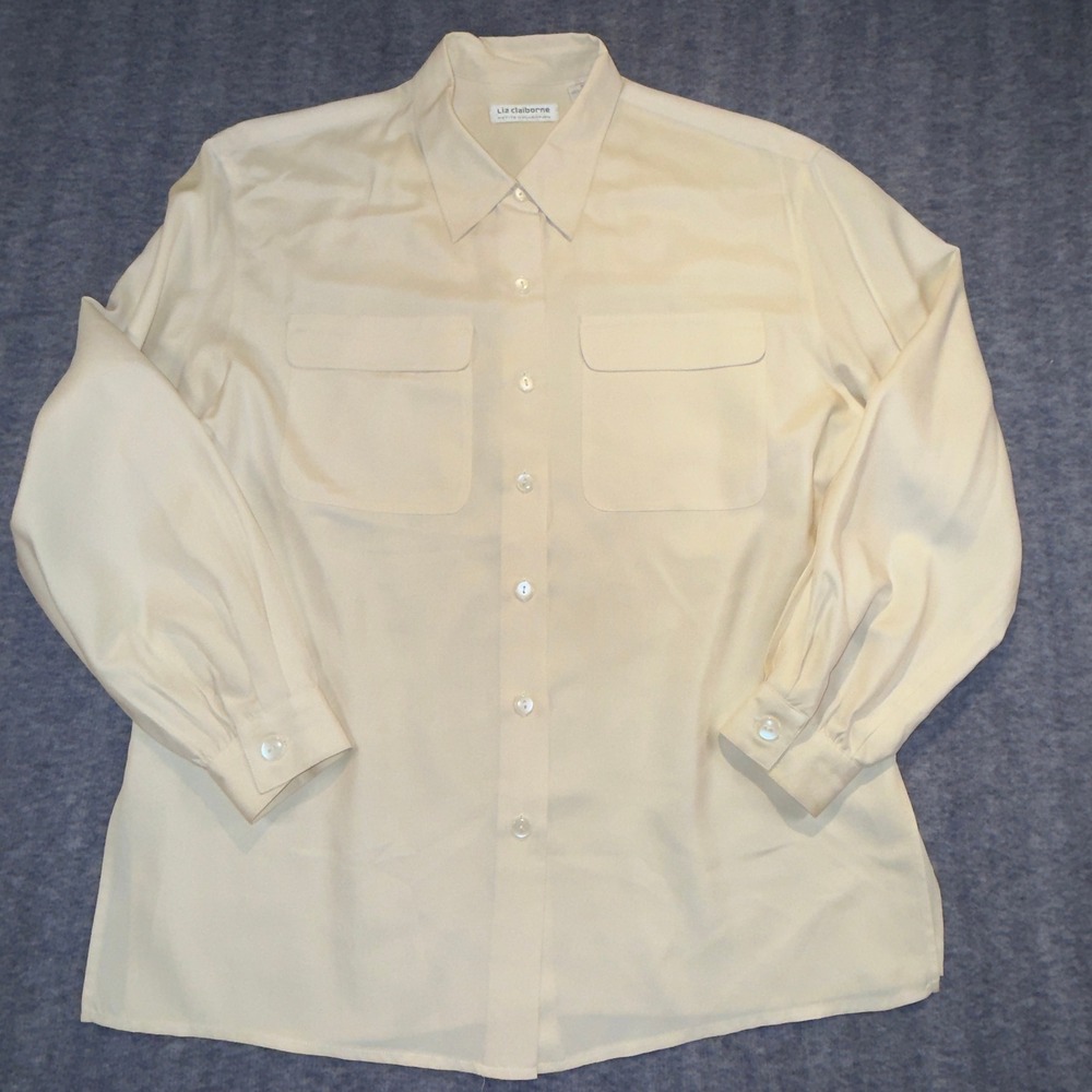 Liz Claiborne Petite Women Medium Silk Button Down Shirt Cream Ivory Long Sleeve